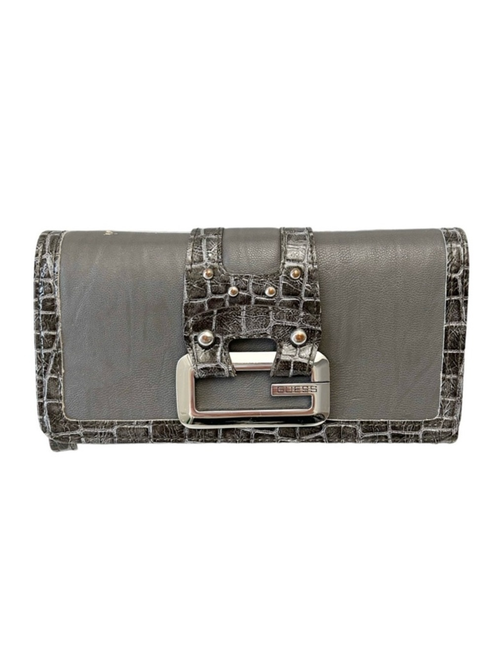 Guess Wallet & Cheque Book Holder Grey Faux Leather Vegan Croc Embossed